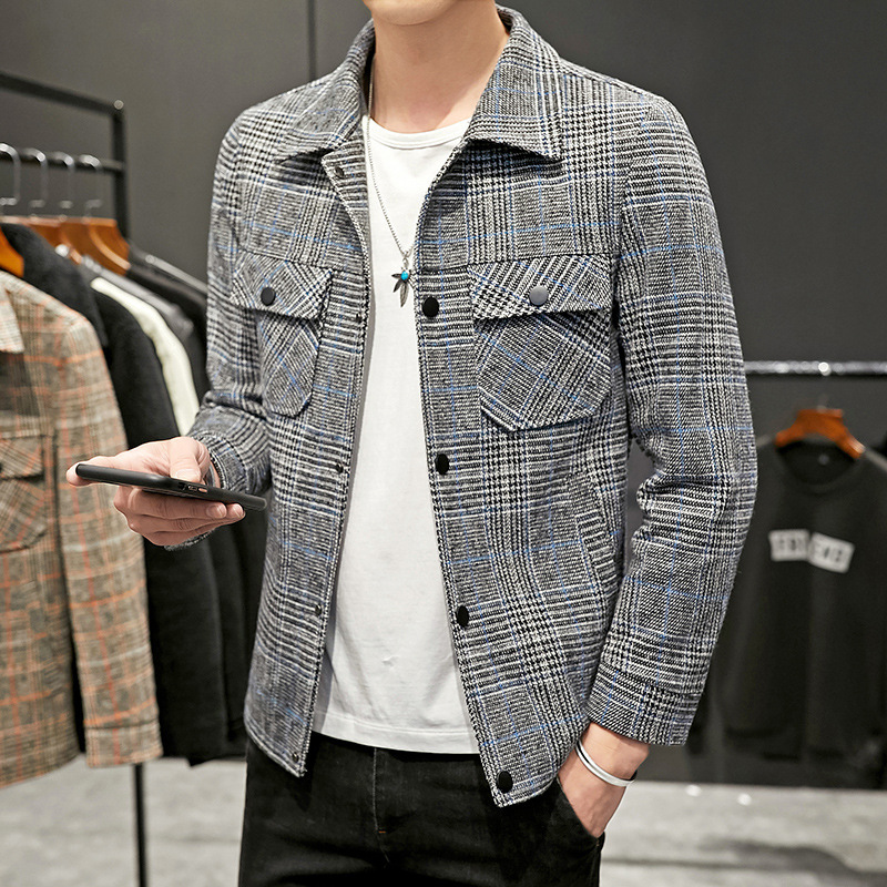 Men's Casual Plaid Jacket Lapel Cropped Coat