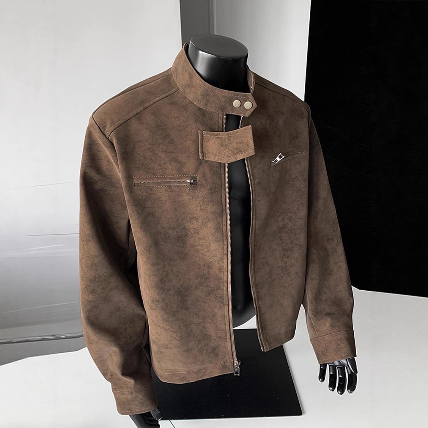 Vintage PU Leather Stand-Up Collar Biker Jacket