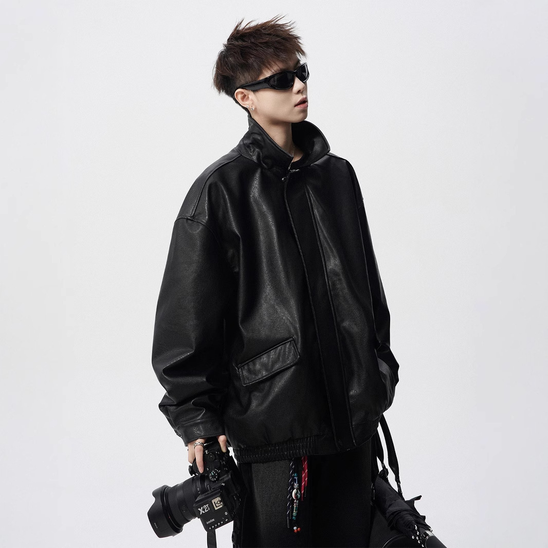 Mens Heavy Weight Retro American High-street Biker Leather Jacket For Spring